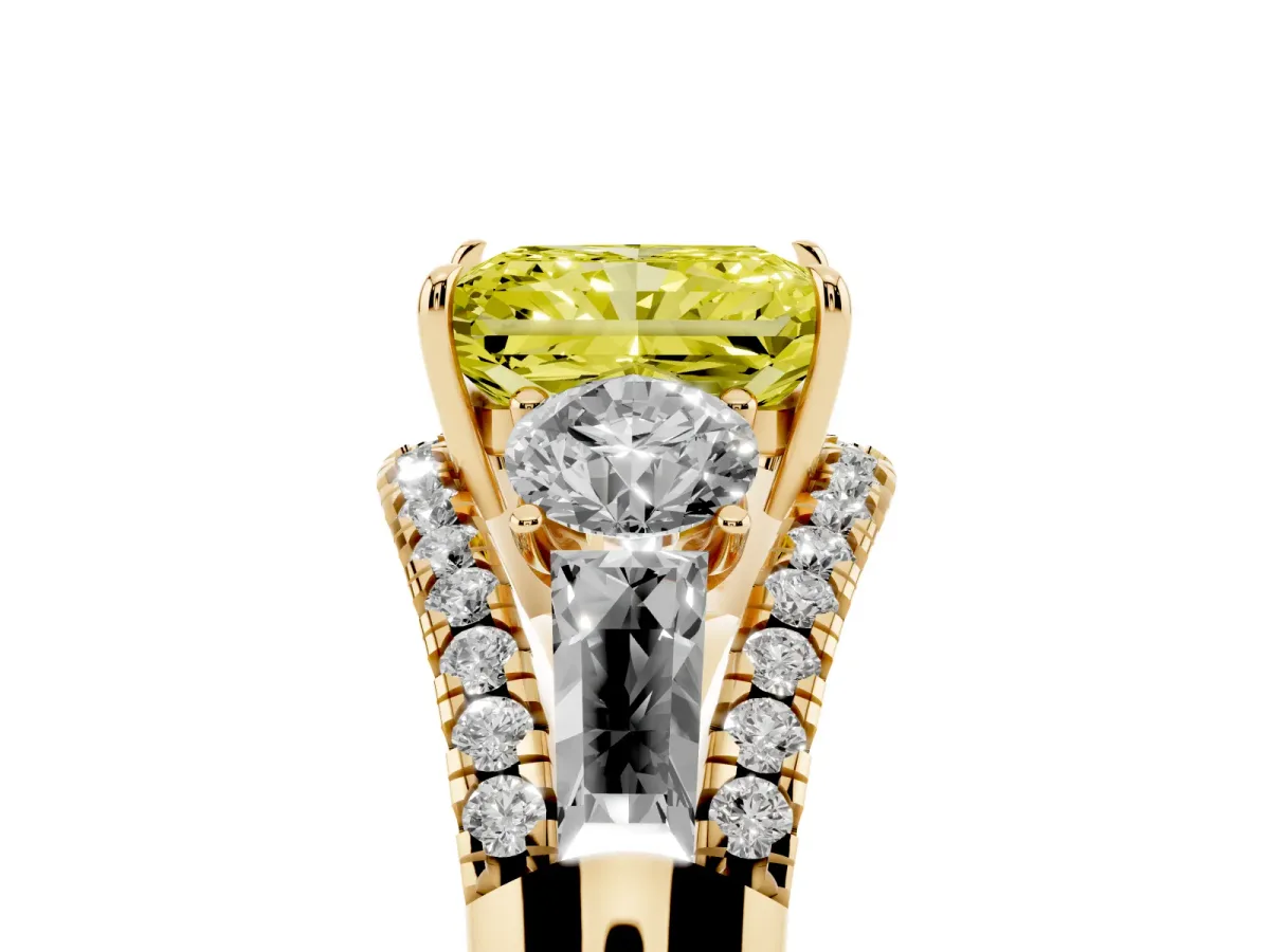 Fancy Yellow Three-Stone Radiant Cut Diamond Engagement Ring with Pave Band and Prong Setting Yellow gold