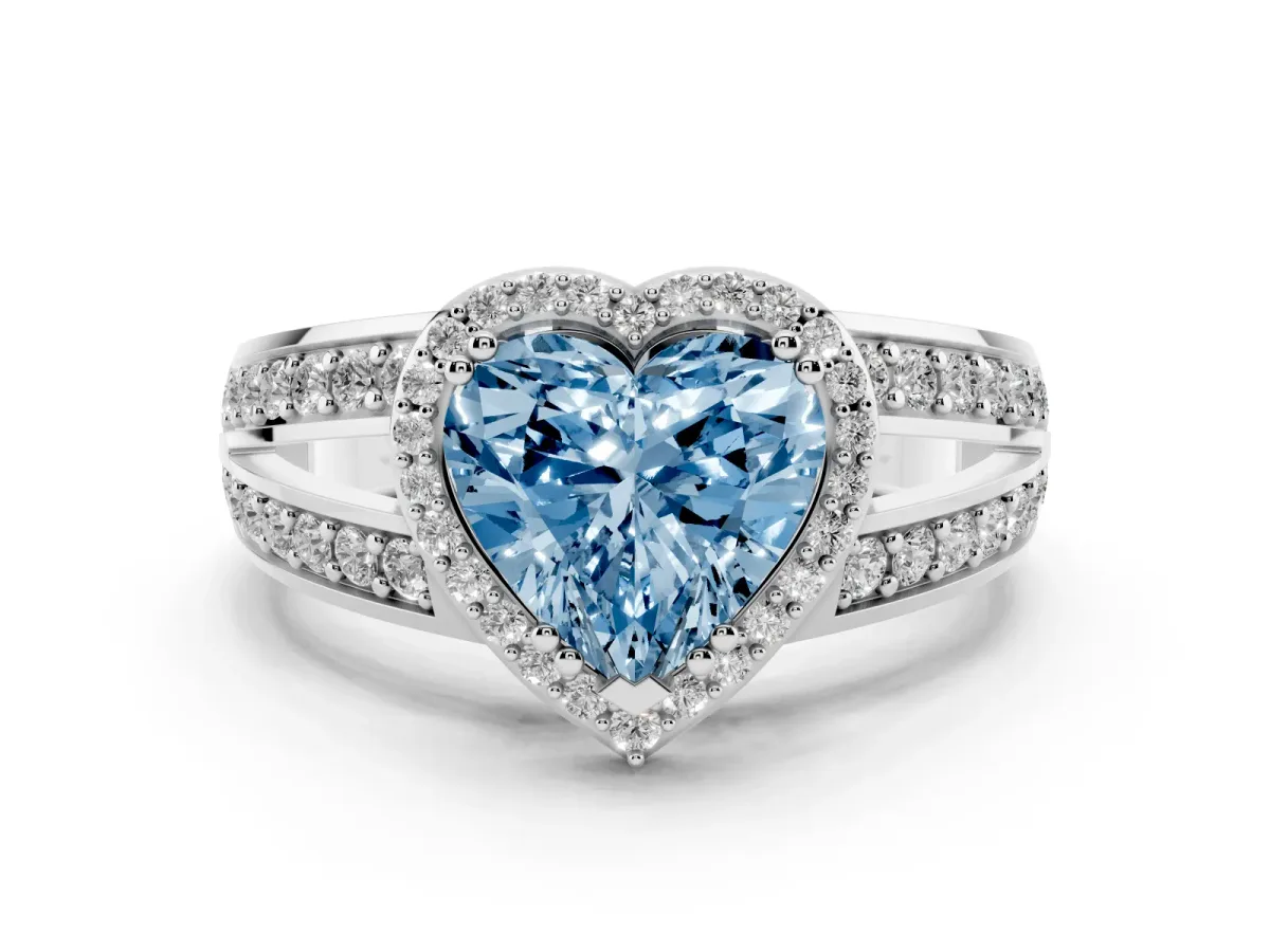 Fancy Blue Heart Cut Diamond Halo Ring with Split Shank Pavé Band and Four-Prong Setting Platinum