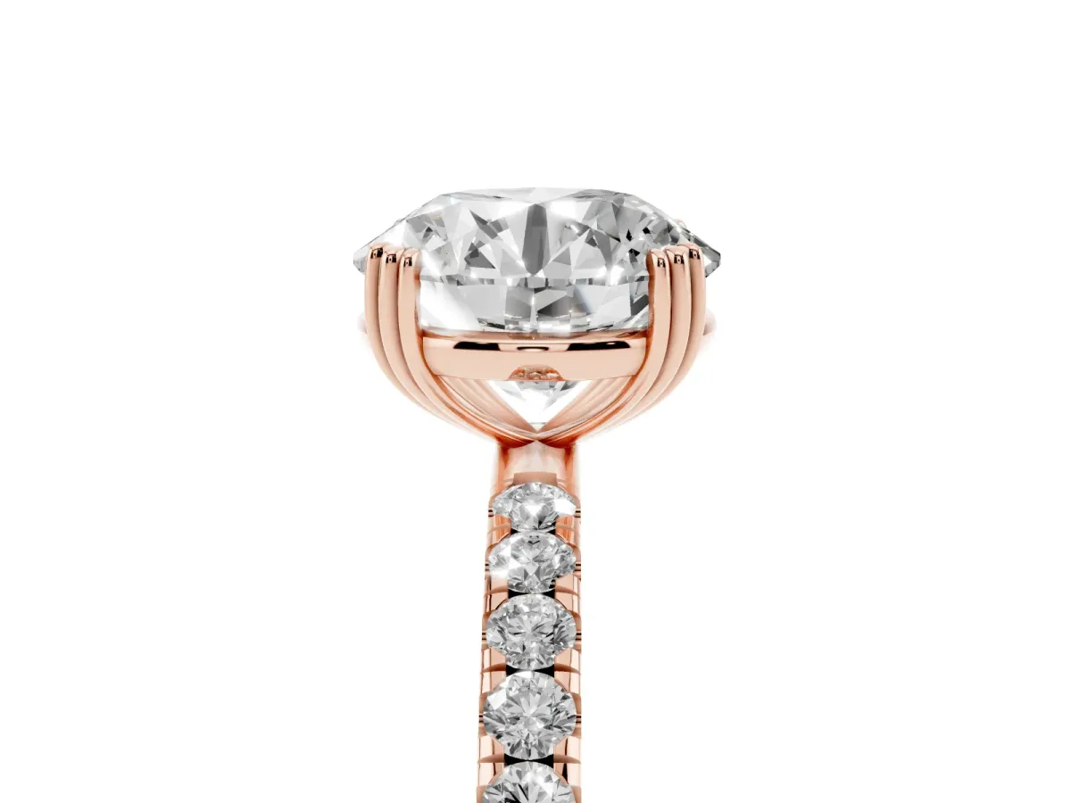 Round Cut Brilliant Solitaire with Pavé Band and Claw Prong Setting Rose gold