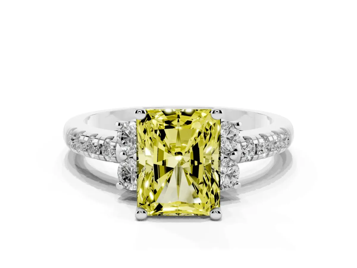 Fancy Yellow Radiant Cut Diamond Three-Stone Pave Band with Four-Prong Setting Silver