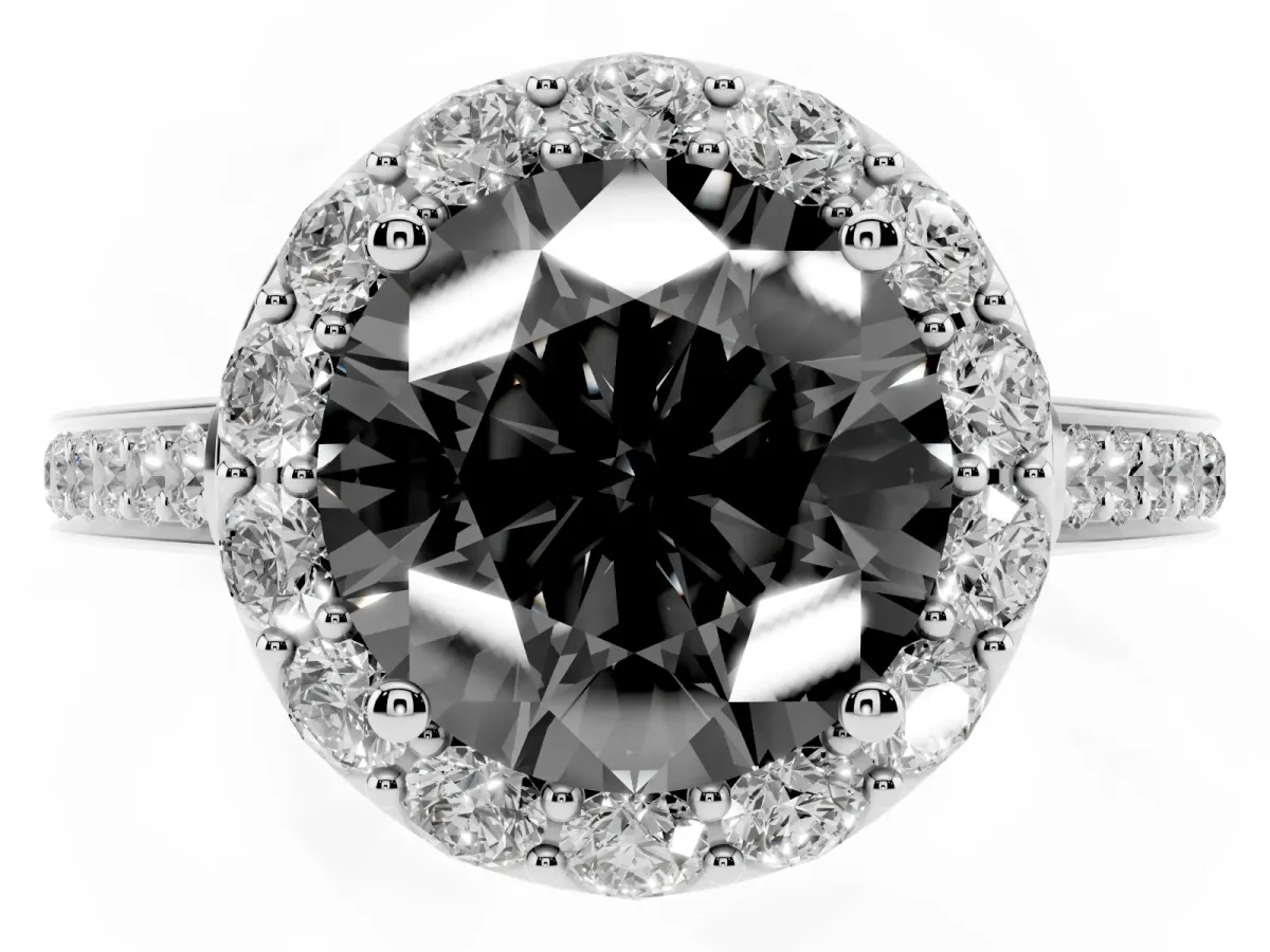 Fancy Black Round Cut Diamond Floral Halo Ring with Pavé Band and Prong Setting Silver