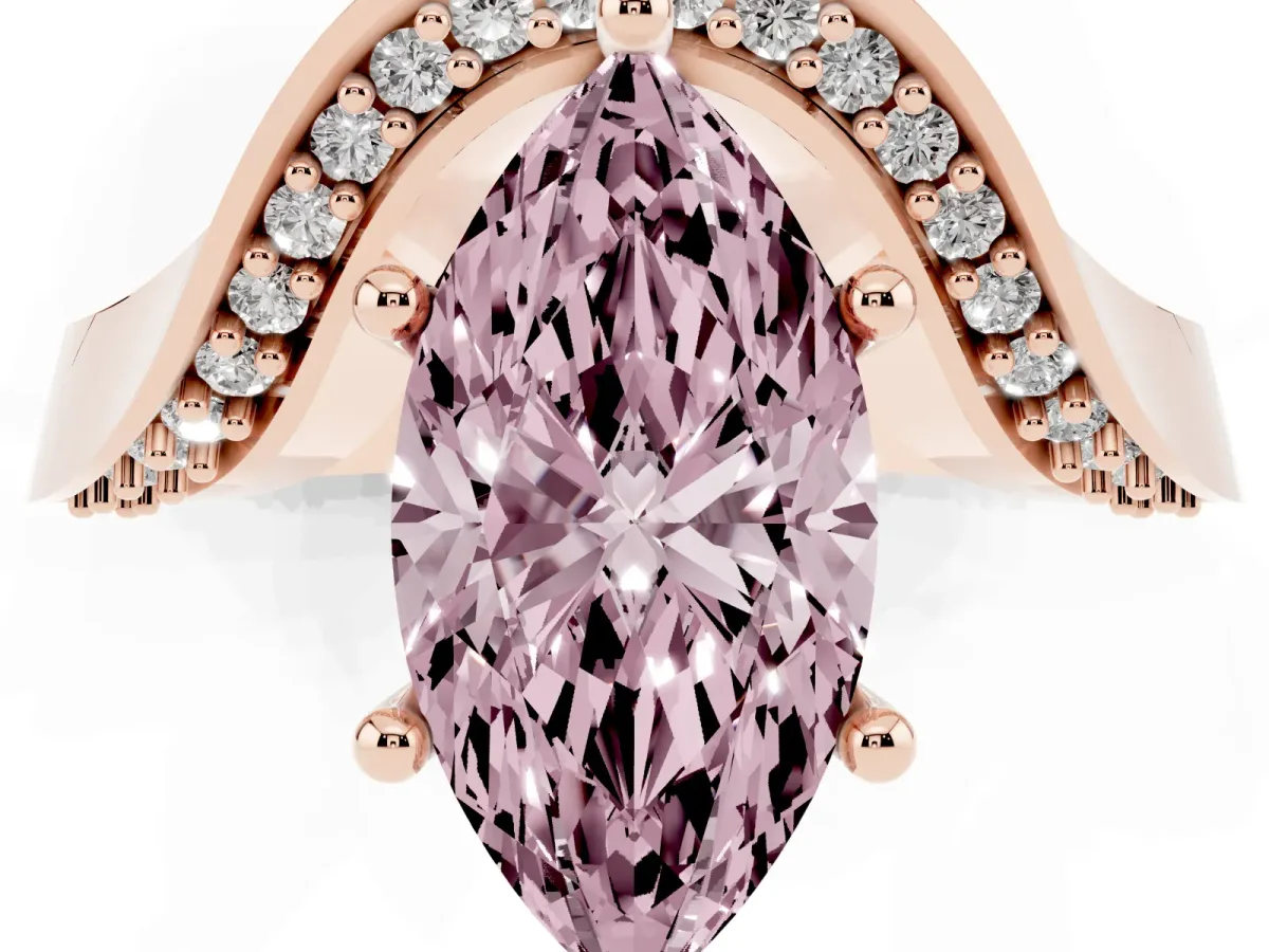 Fancy Pink Marquise Cut Solitaire Diamond Engagement Ring with Pave Band and Four-Prong Setting Rose gold