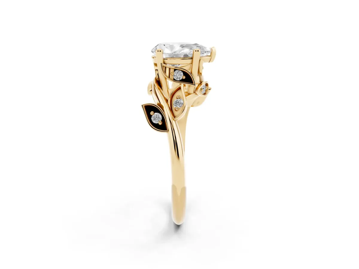 Pear Cut Solitaire Twist Engagement Ring with Leaf Accents and Prong Setting Yellow gold