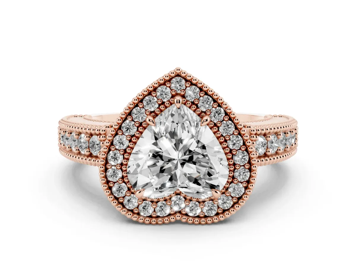 Heart Cut Cut Halo Diamond Ring with Pavé Band and Four-Prong Setting Rose gold