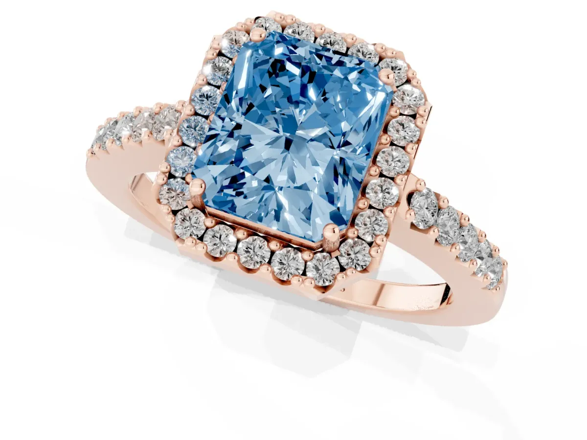 Fancy Blue Radiant Cut Halo Diamond Pavé Solitaire Ring Rose gold