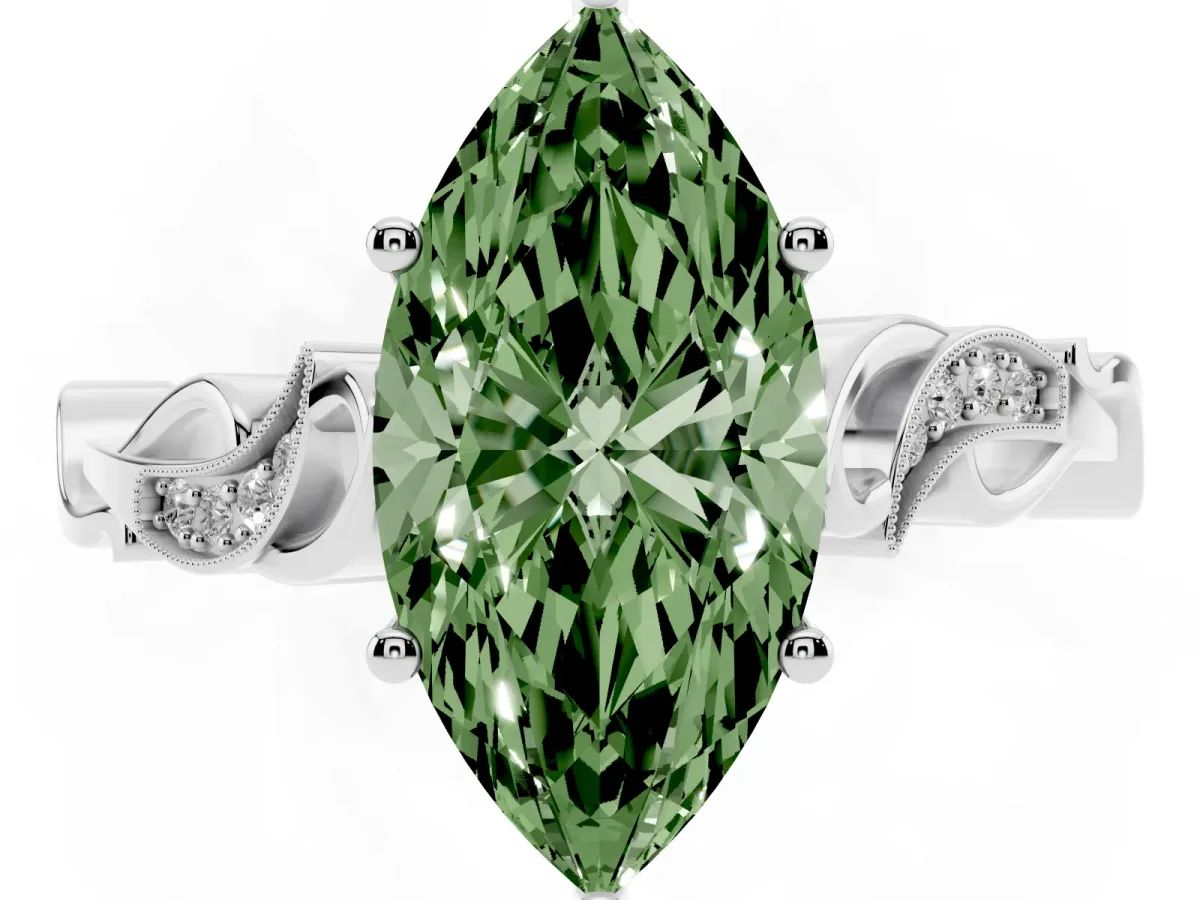 Fancy Green Marquise Cut Solitaire Vine Band with Milgrain Prong Setting Silver