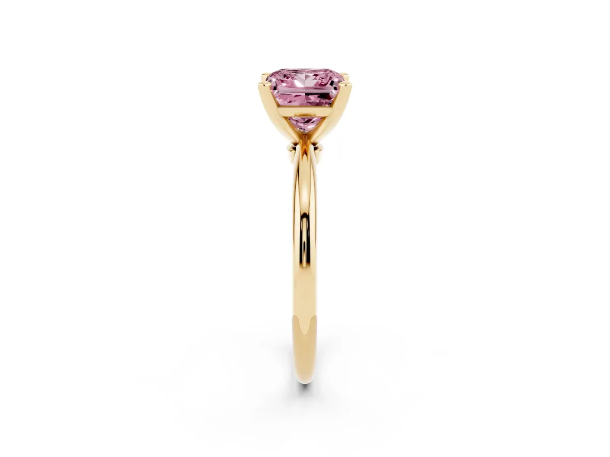 Fancy Pink Princess Cut Diamond Solitaire Ring with Prong Setting and Classic Band Yellow gold