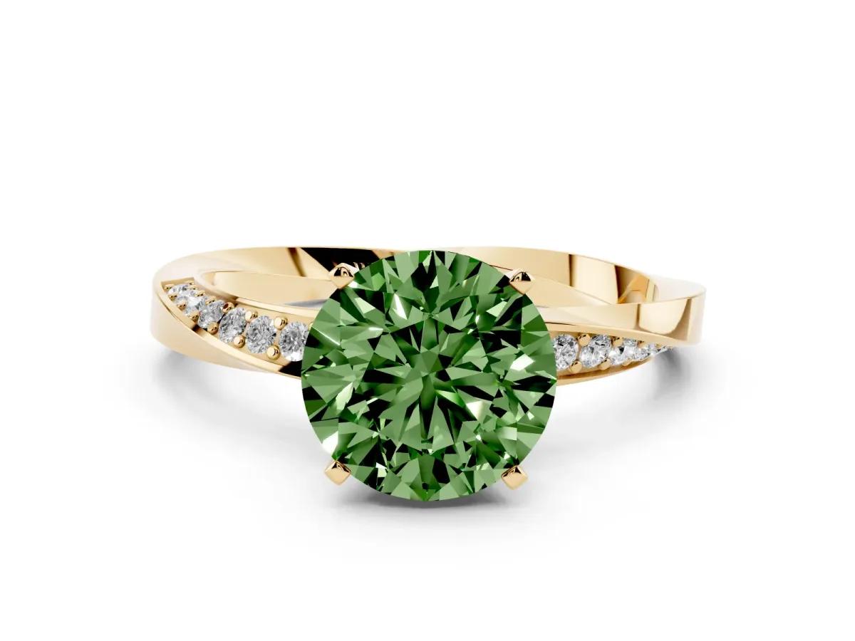 Fancy Green Round Cut Diamond Engagement Ring with Side Stone Accents and Four-Prong Setting Yellow gold