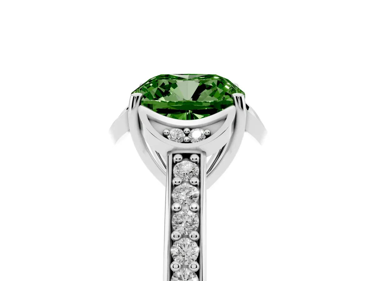 Fancy Green Cushion Cut Cut Halo Diamond Ring with Channel Set Band and Four-Prong Setting Platinum