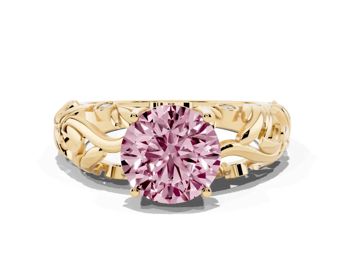 Fancy Pink Round Cut Solitaire Diamond Leaf-Inspired Vine Band Ring with Prong Setting Yellow gold