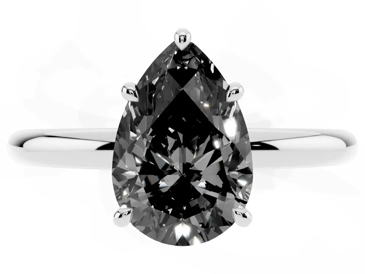 Fancy Black Pear Cut Diamond Solitaire Ring with Thin Band and Four-Prong Setting Silver