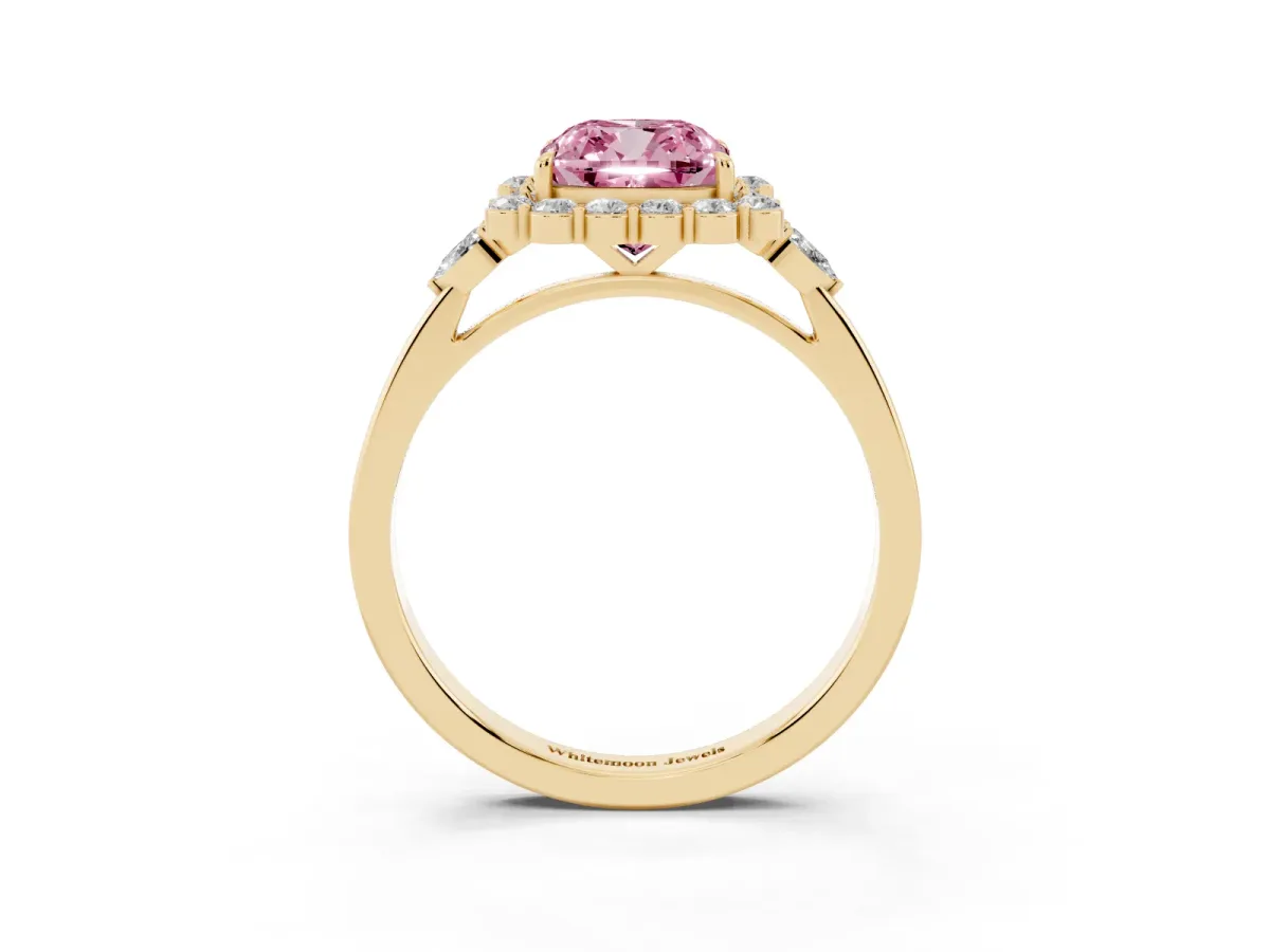 Fancy Pink Cushion Cut Diamond Halo Ring with Pear Side Stones and Prong Setting Yellow gold
