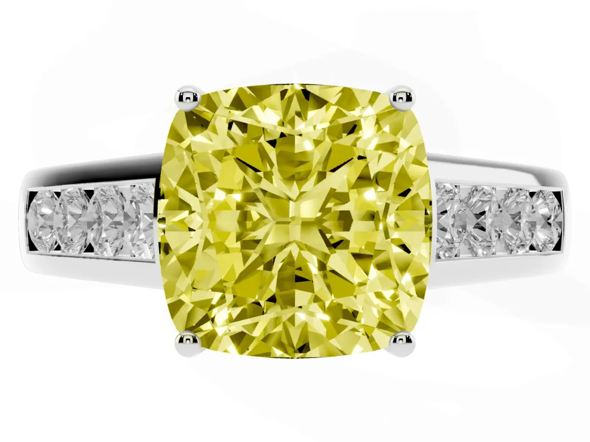 Fancy Yellow Cushion Cut Solitaire Channel-Set Diamond Engagement Ring with Four-Prong Setting Silver