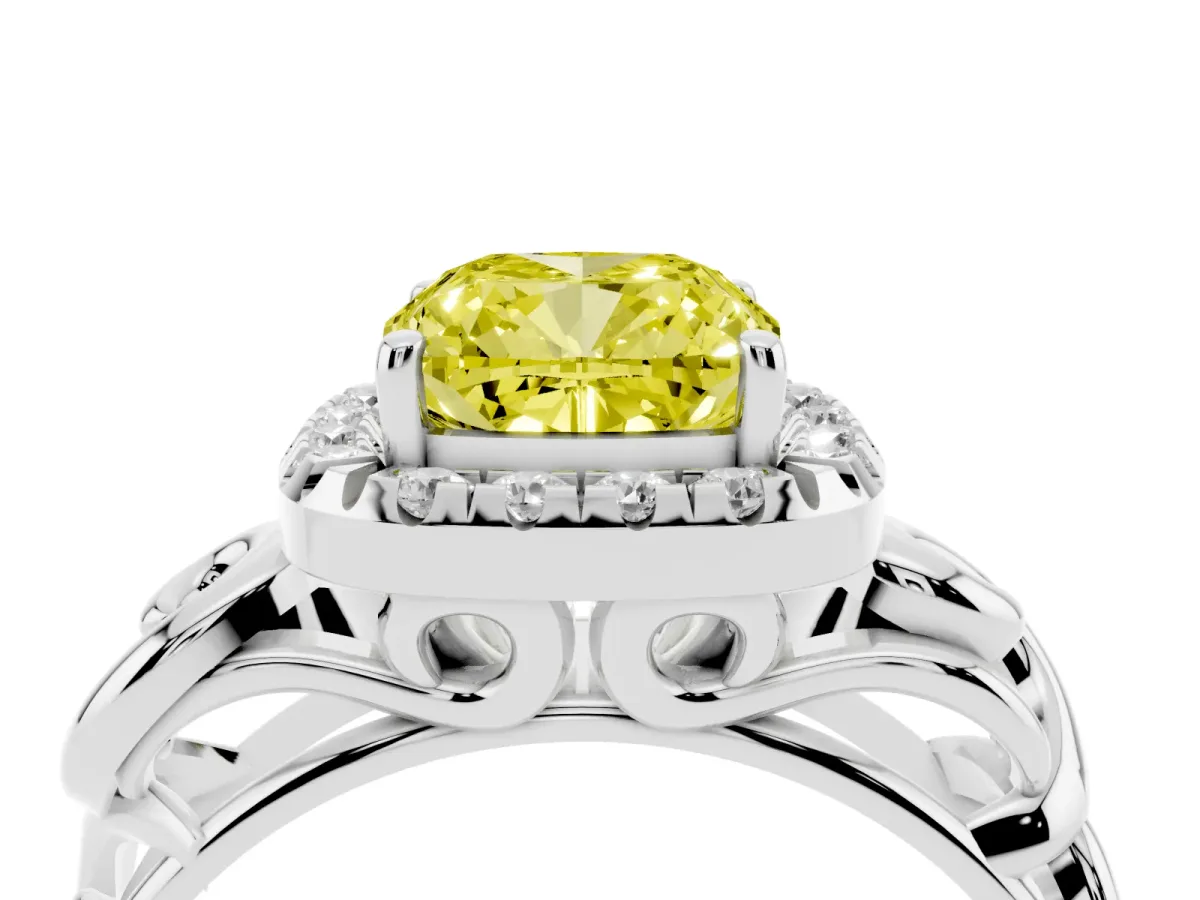 Fancy Yellow Cushion Cut Cut Halo Diamond Ring with Scrollwork Band and Four-Prong Setting Silver