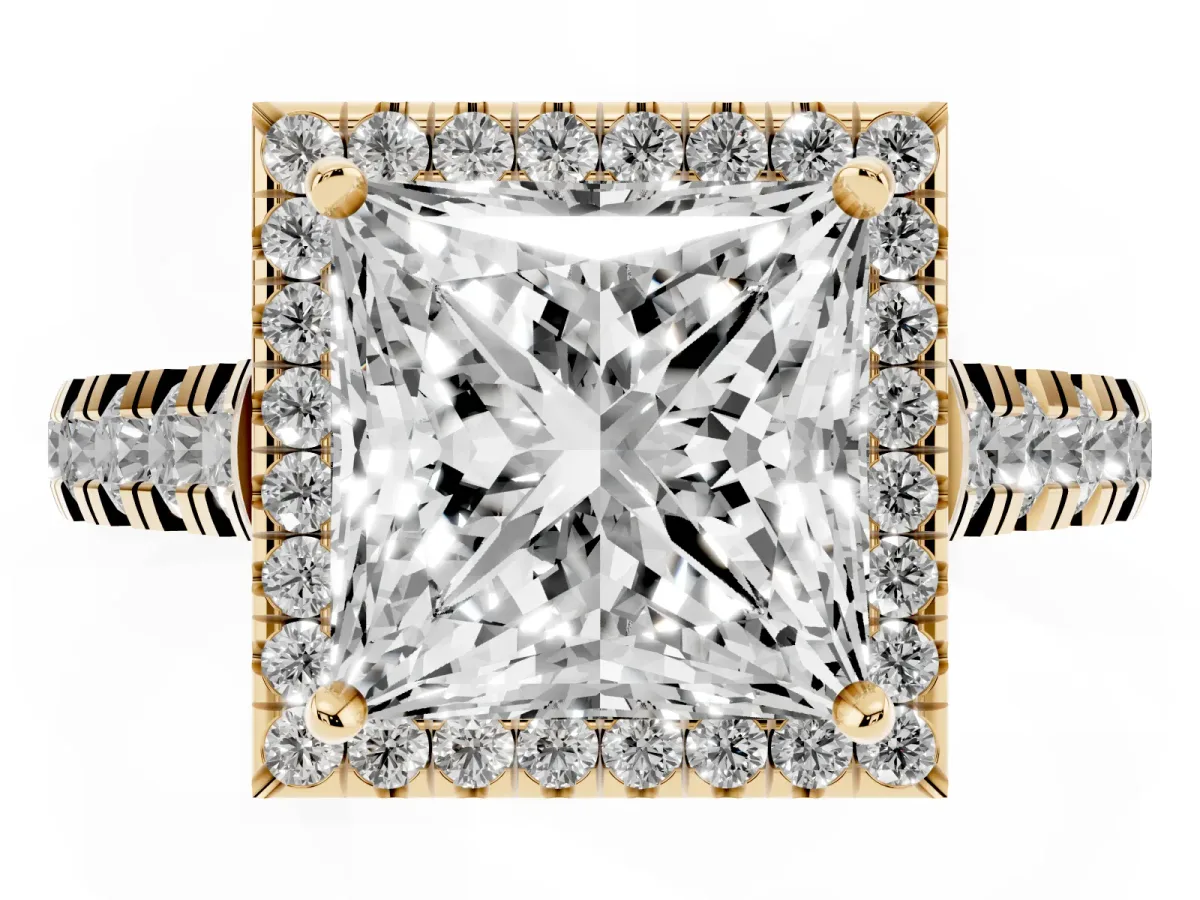 Princess Cut Halo Pavé Diamond Engagement Ring with Four-Prong Setting Yellow gold