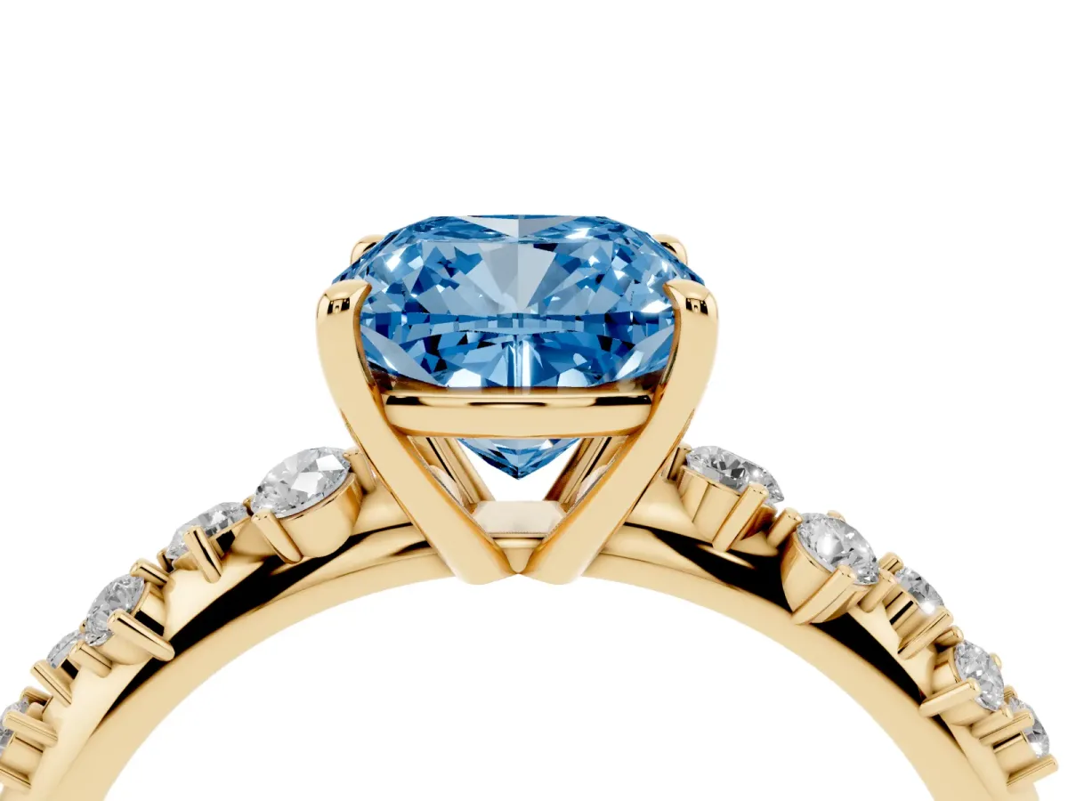 Fancy Blue Cushion Cut Diamond Cluster Side Stone Solitaire Ring with Prong Setting Yellow gold