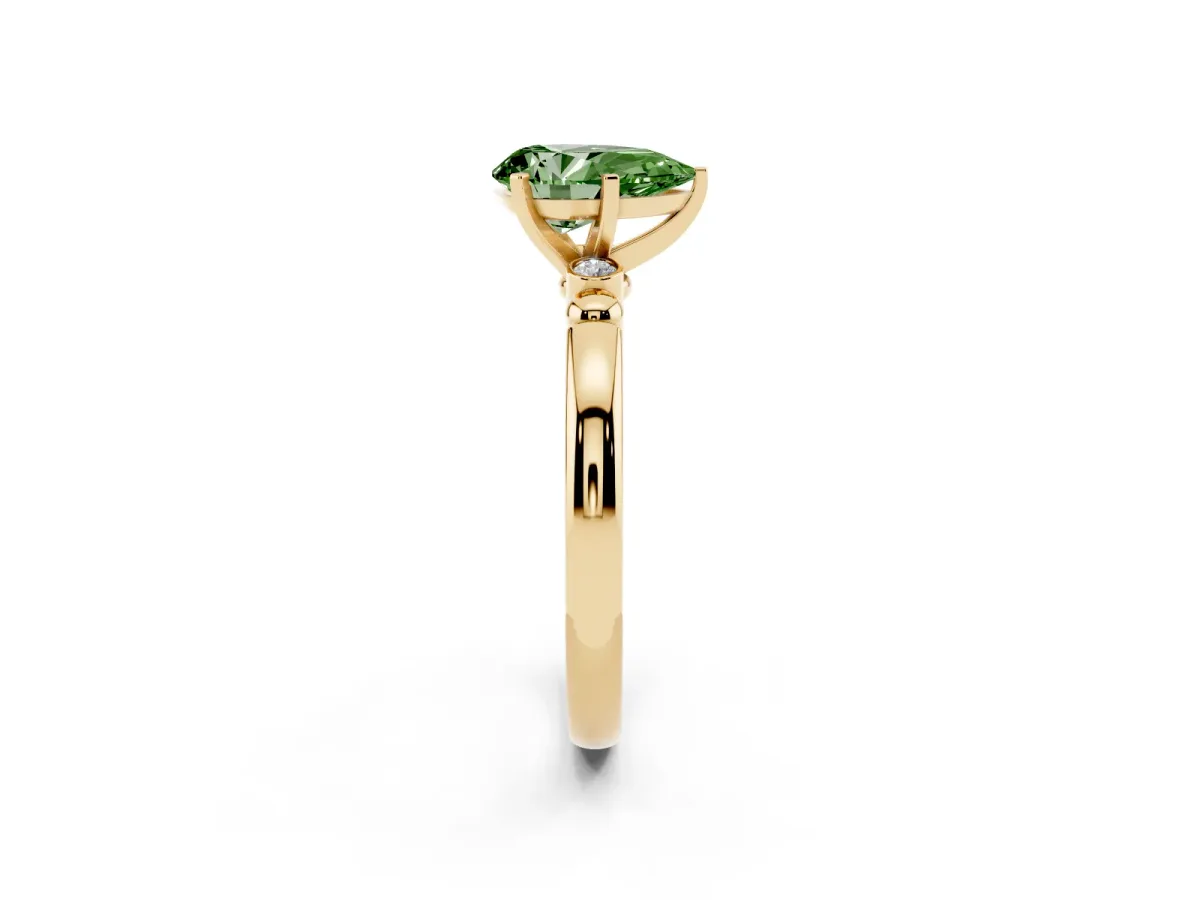 Fancy Green Pear Cut Solitaire Beaded Band with Four-Prong Setting Yellow gold