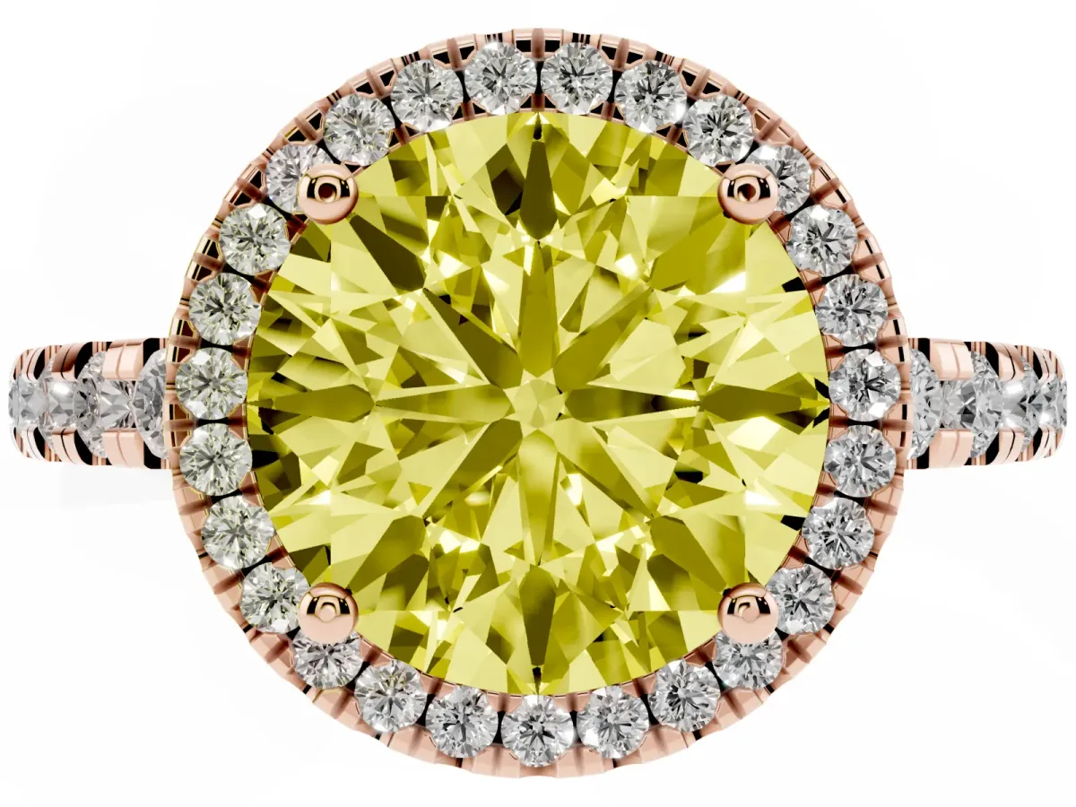 Fancy Yellow Round Cut Diamond Halo Ring with Pavé Band and Four-Prong Setting Rose gold