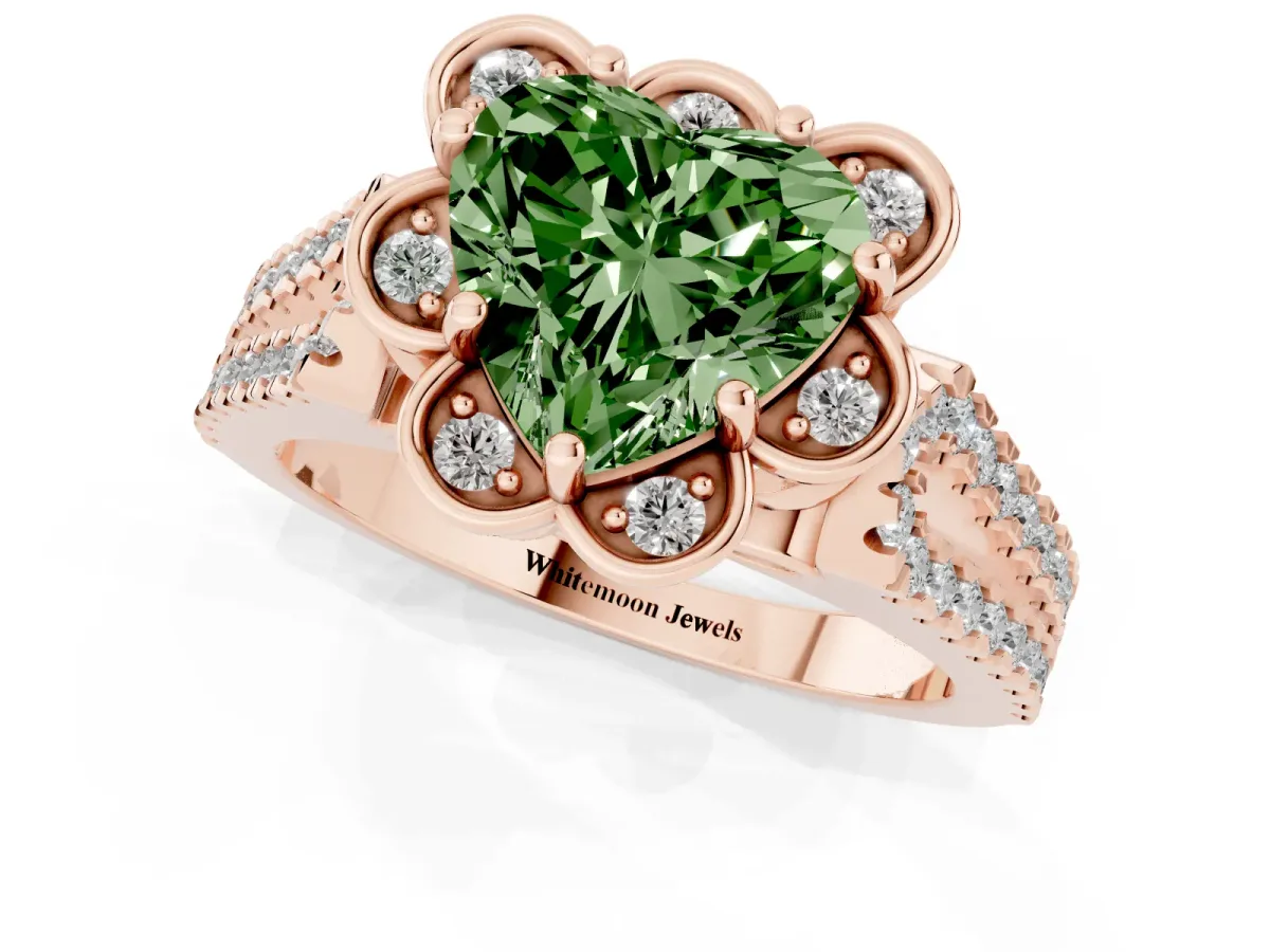 Fancy Green Heart Cut Halo Diamond Floral Split Shank Engagement Ring Rose gold