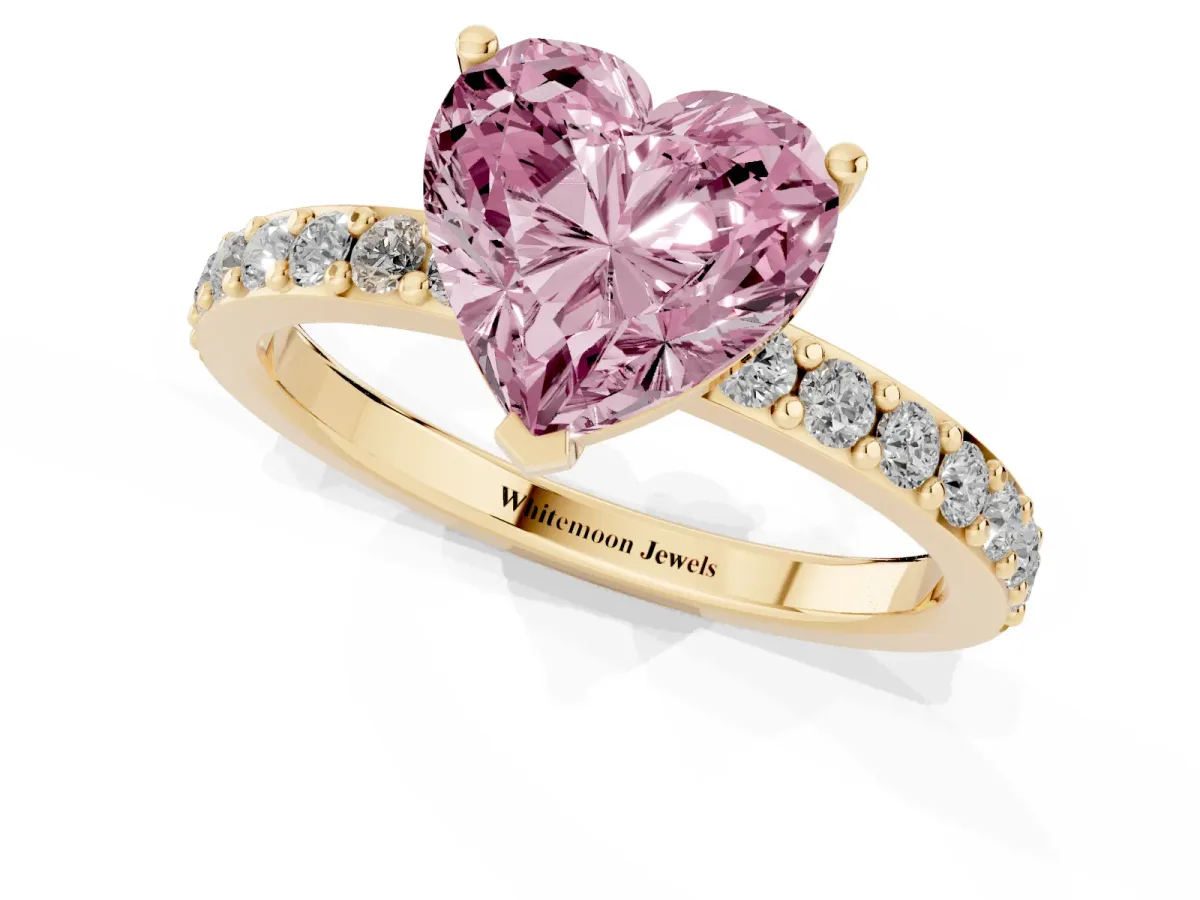 Fancy Pink Heart Cut Cut Diamond Solitaire with Pave Band and Four-Prong Setting Yellow gold