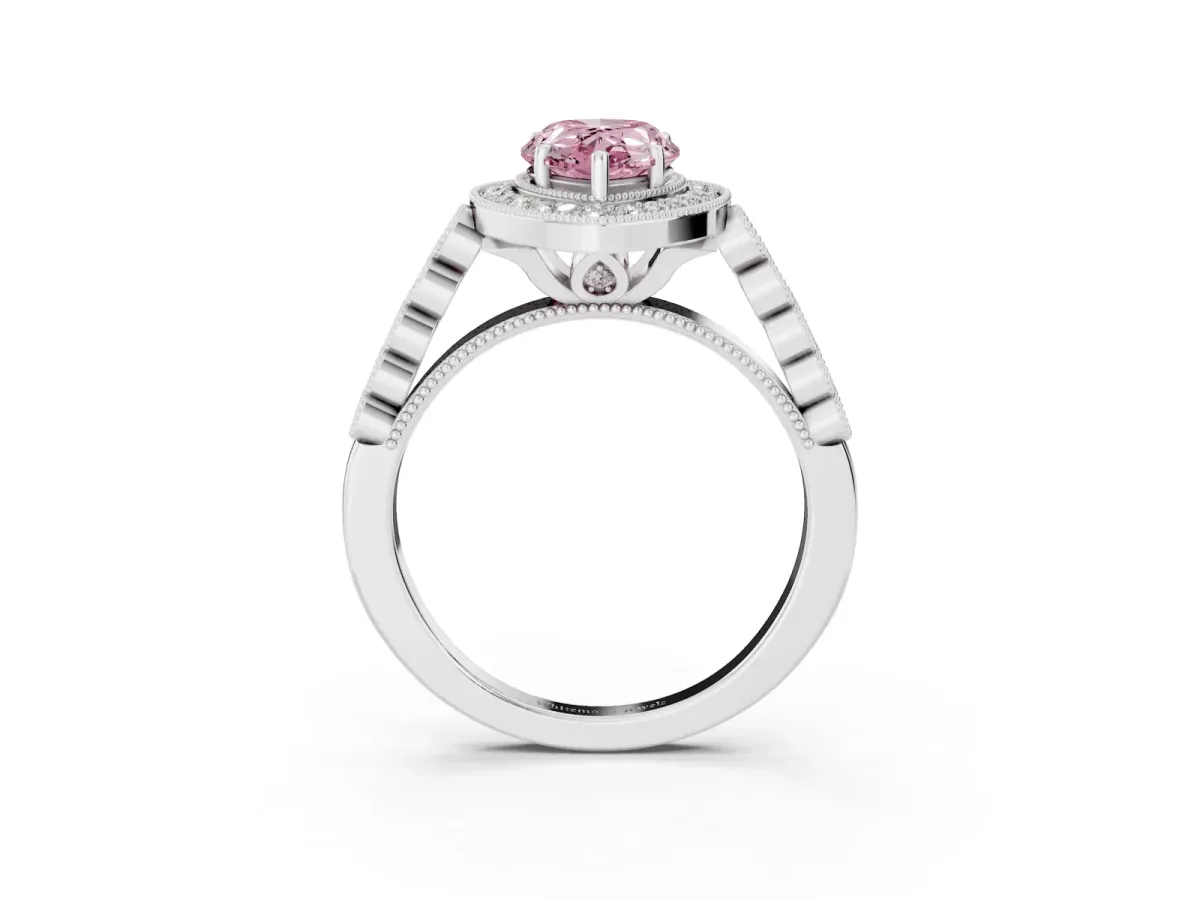 Fancy Pink Pear Cut Halo Milgrain Solitaire with Bezel Set Side Stones and Pave Band White gold