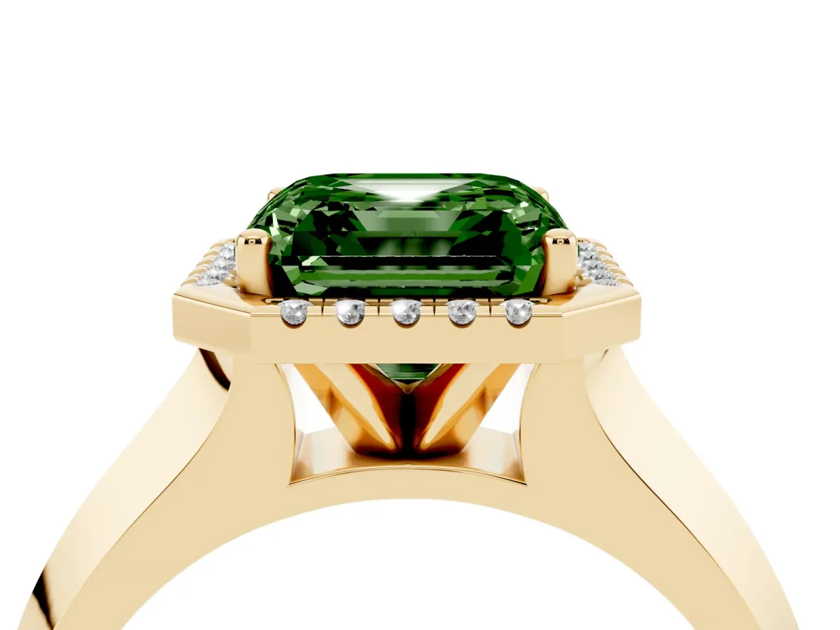 Fancy Green Asscher Cut Halo Diamond Ring with Cathedral Band and Four-Prong Setting Yellow gold