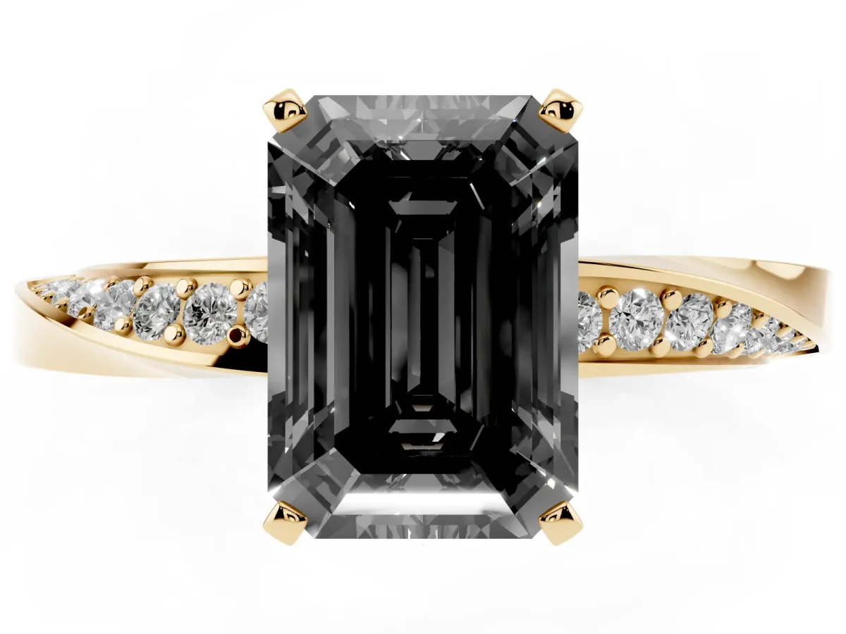 Fancy Black Emerald Cut Diamond Engagement Ring with Side Stone Accents and Four-Prong Setting Yellow gold
