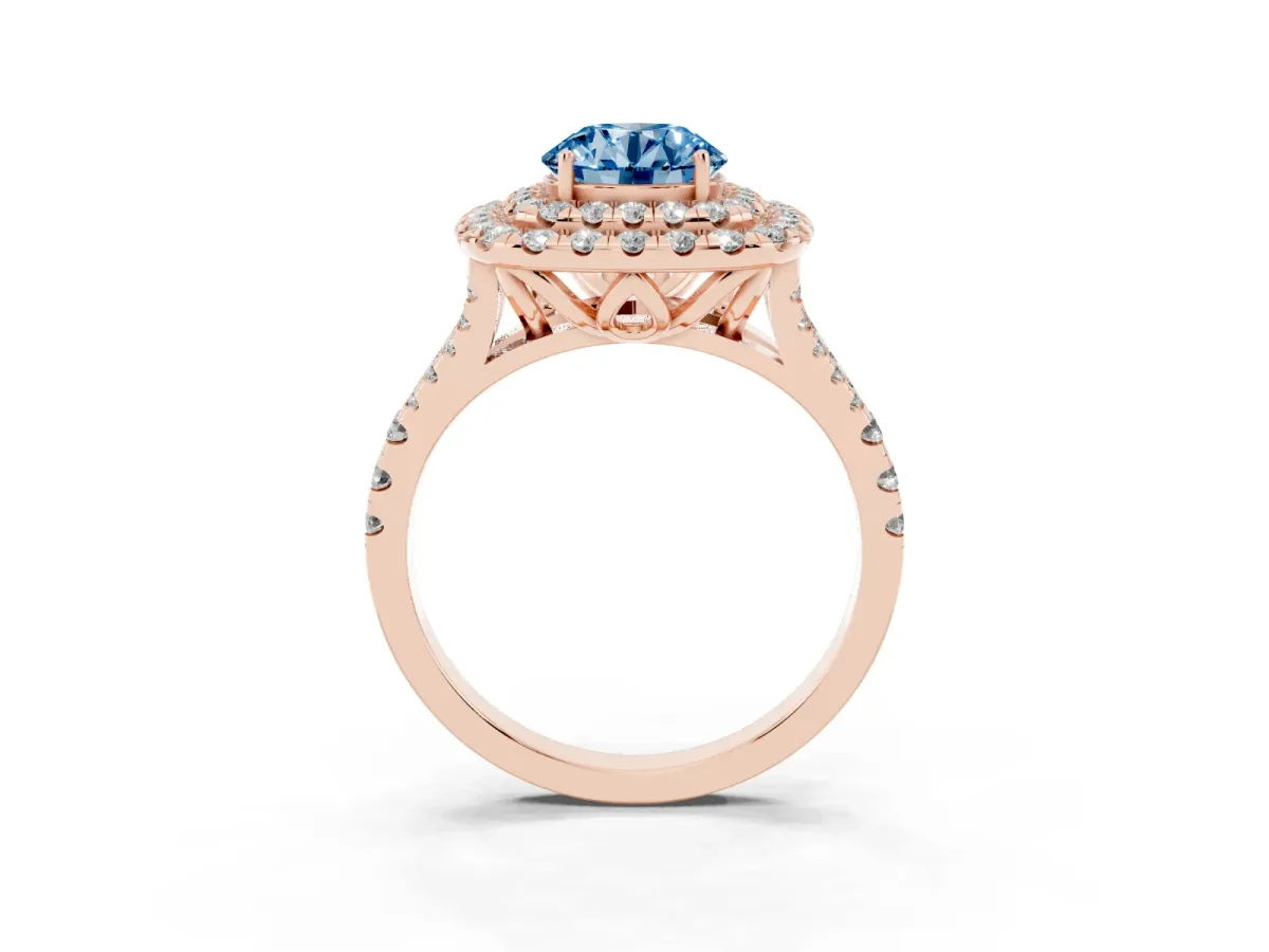 Fancy Blue Double Halo Round Cut Diamond Pavé Split Shank Ring with Prong Setting Rose gold