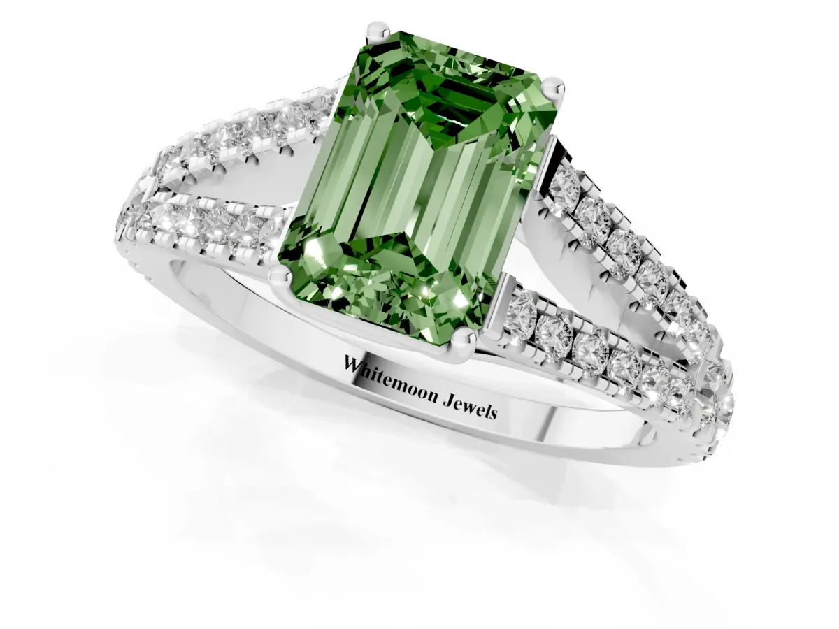 Fancy Green Emerald Cut Diamond Split Shank Pavé Engagement Ring with Four-Prong Setting White gold