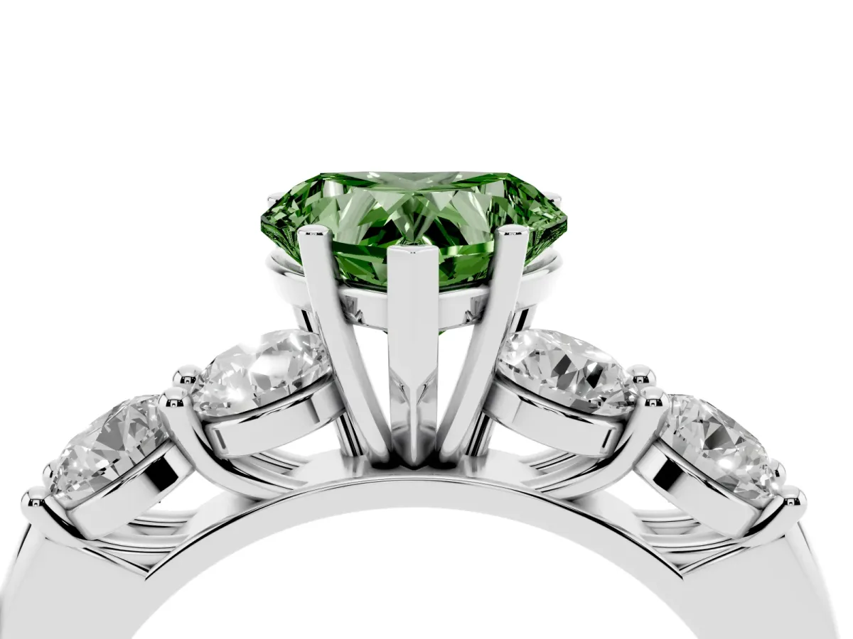 Fancy Green Heart Cut Cut Five-Stone Prong Set Diamond Ring with Classic Band Platinum