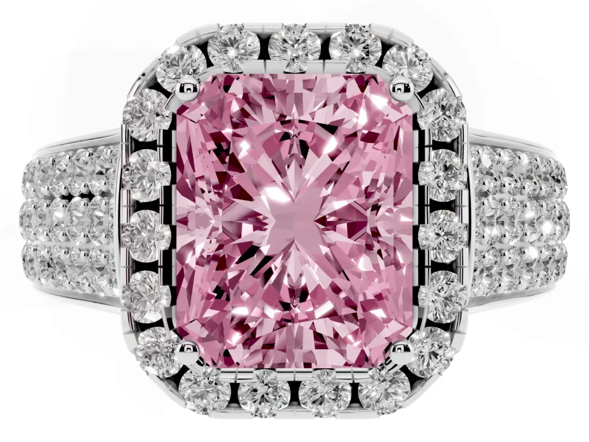 Fancy Pink Radiant Cut Halo Round Diamond Pave Band with Prong Setting Silver