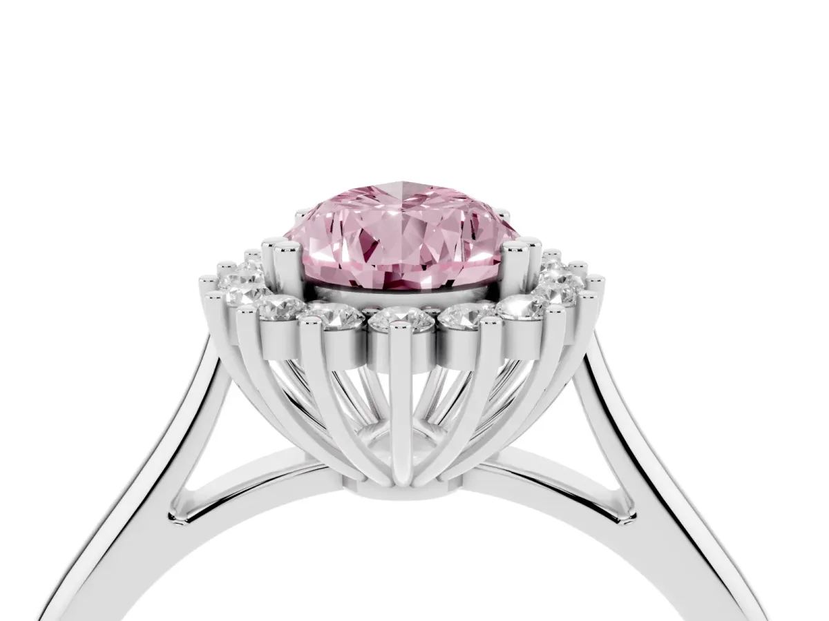 Fancy Pink Pear Cut Cut Diamond Halo Ring with Solitaire Band and Prong Setting Silver
