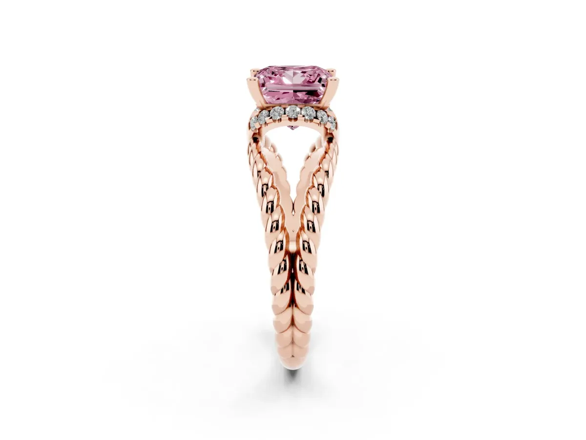 Fancy Pink Princess Cut Halo Twisted Band Four-Prong Ring Rose gold