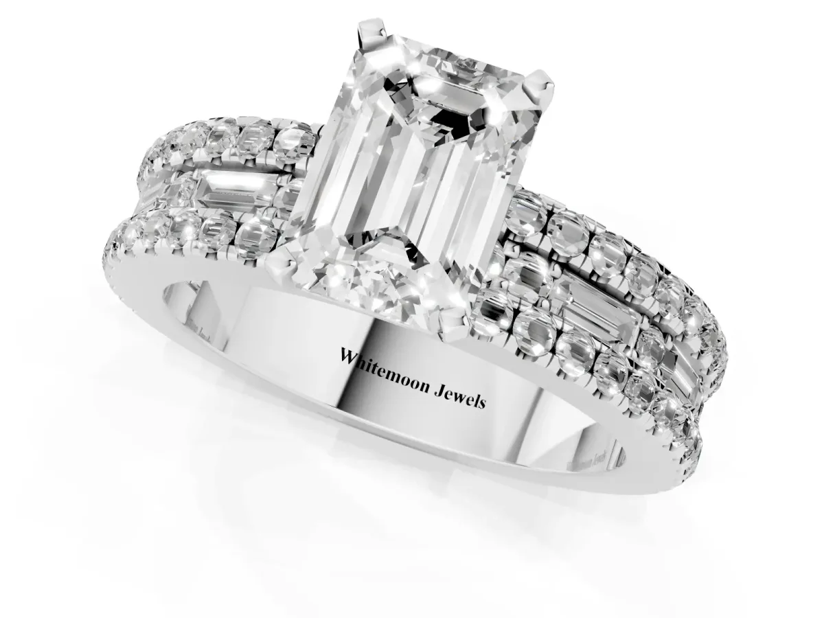 Emerald Cut Diamond Solitaire Ring with Pavé and Channel Set Band Silver