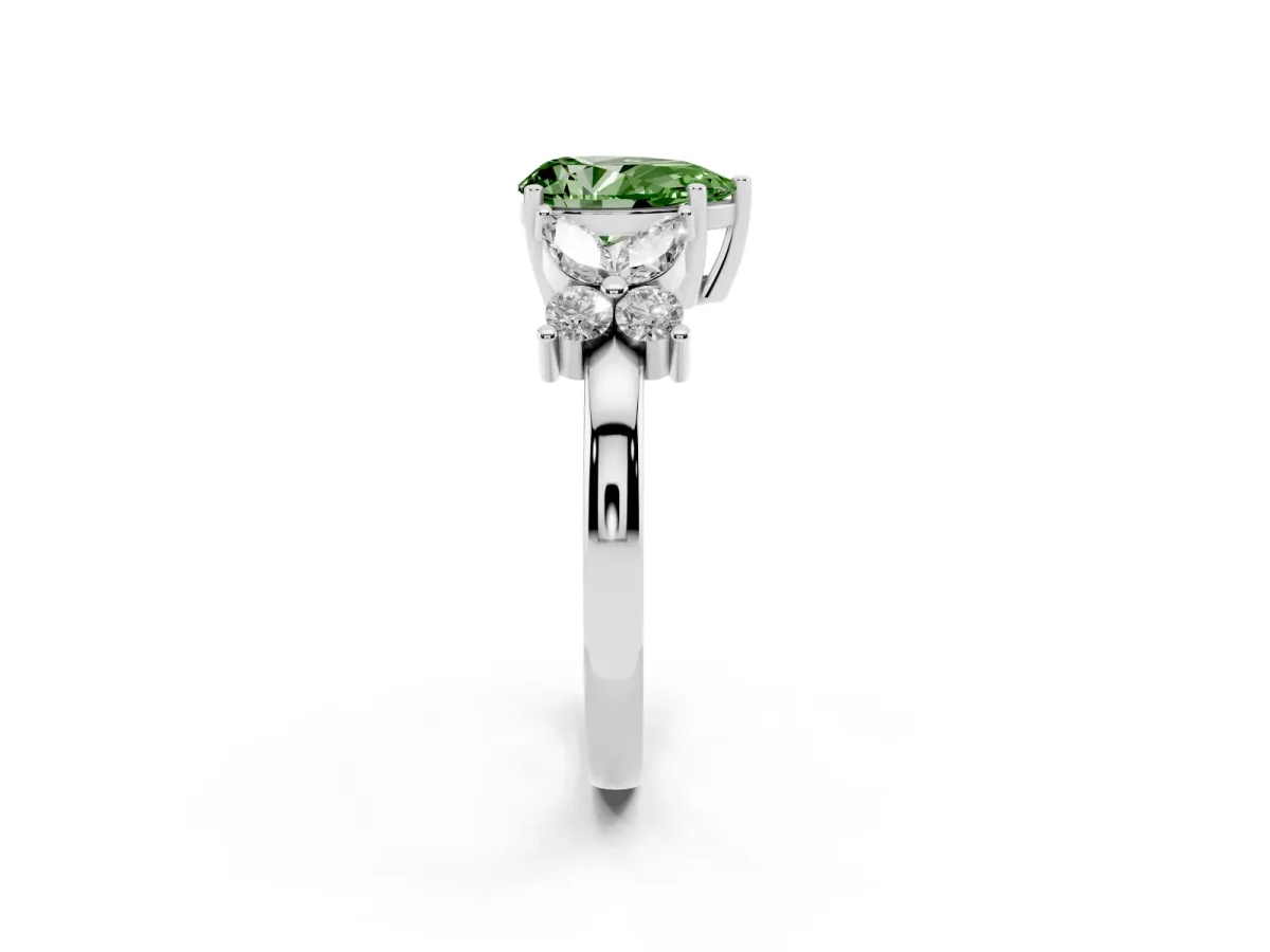 Fancy Green Pear Cut Diamond Floral Cluster Ring with Solitaire Band and Prong Setting Silver
