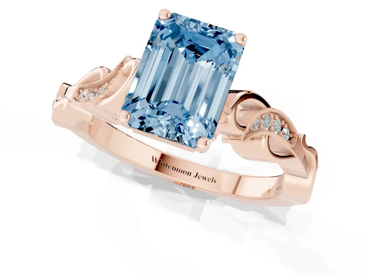Fancy Blue Emerald Cut Solitaire Vine Band with Milgrain Prong Setting Rose gold