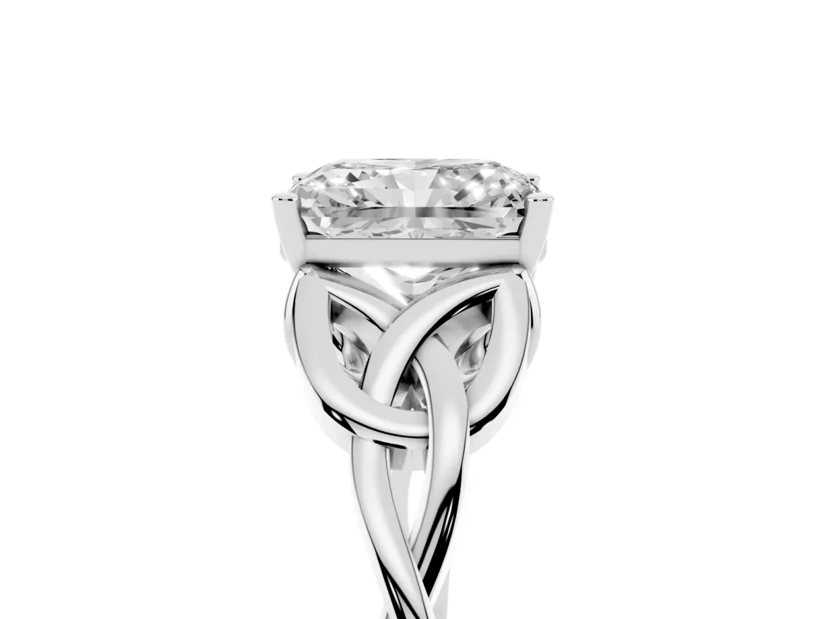 Radiant Cut Diamond Solitaire Engagement Ring with Celtic Knot Band and Four-Prong Setting Silver