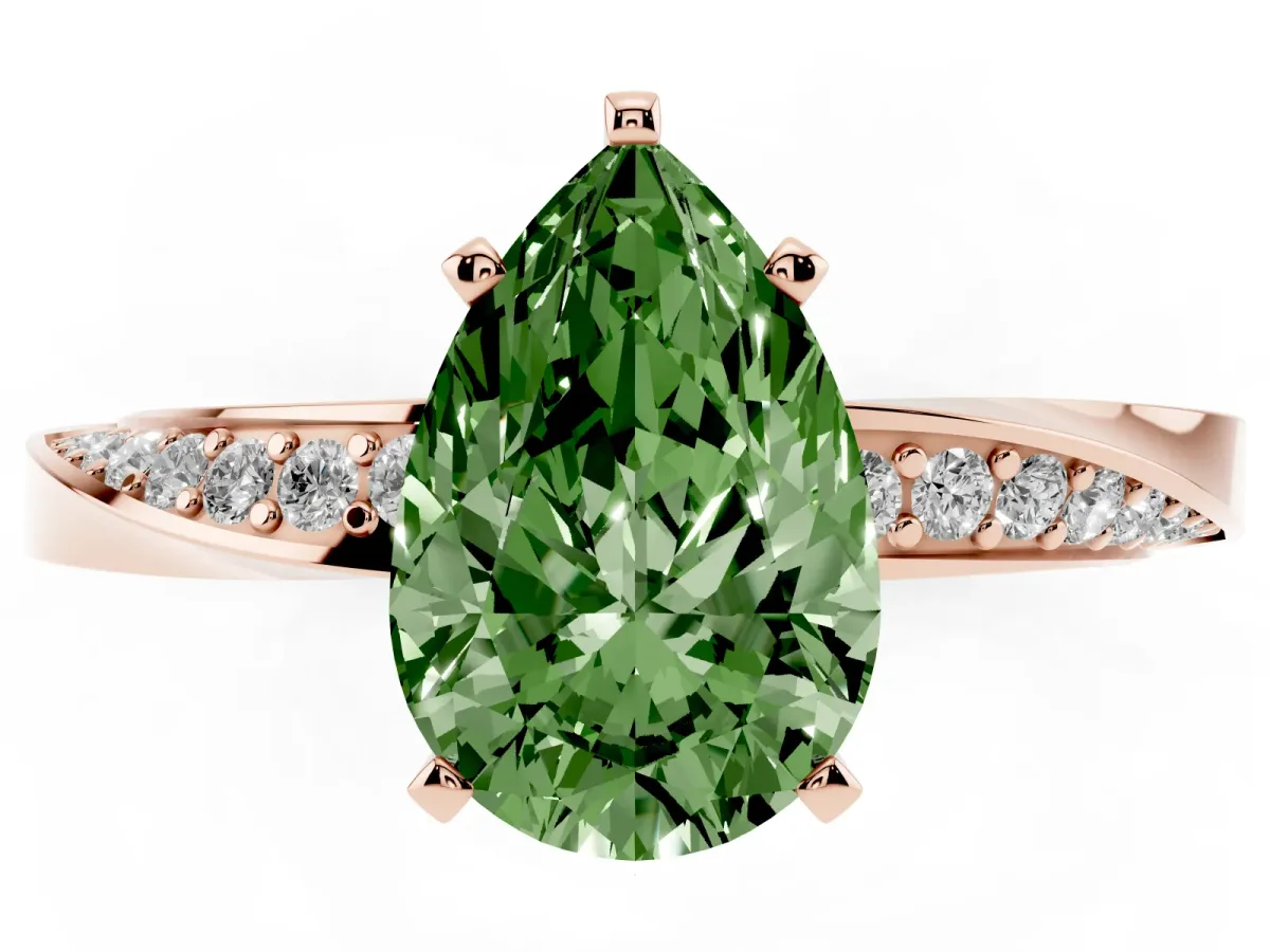Fancy Green Pear Cut Diamond Engagement Ring with Side Stone Accents and Four-Prong Setting Rose gold