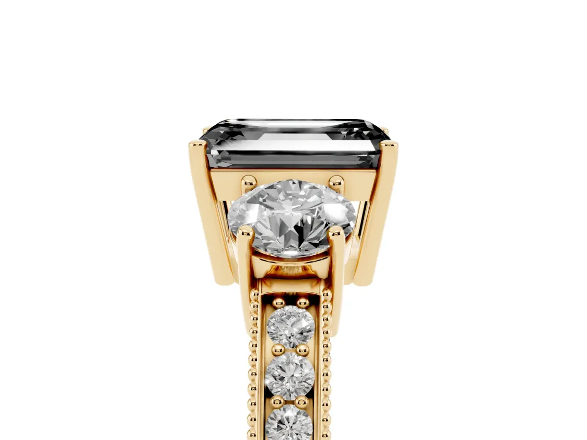Fancy Black Emerald Cut Three-Stone Diamond Ring with Pavé Band and Four-Prong Setting Yellow gold