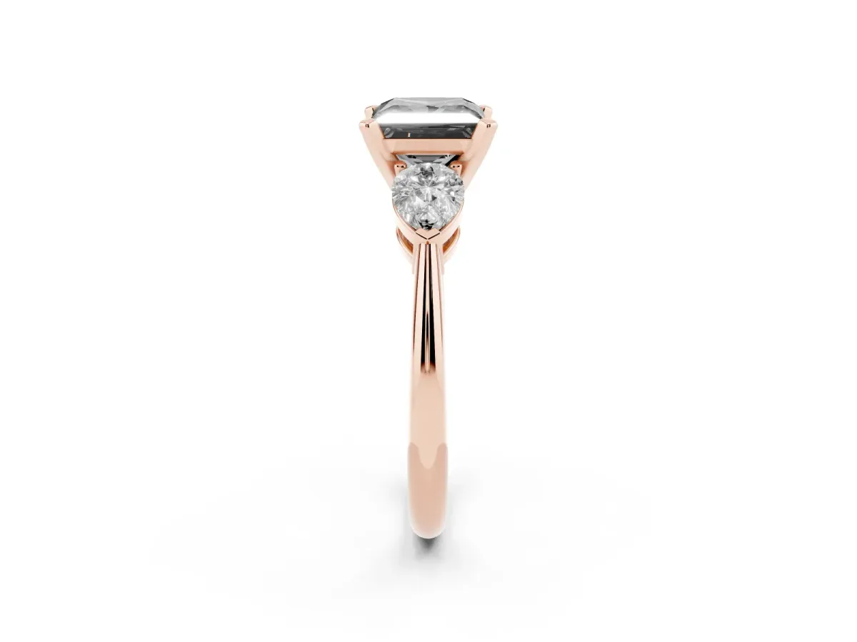 Fancy Black Three-Stone Princess Cut Diamond Ring with Pear Side Stones and Four-Prong Setting Rose gold