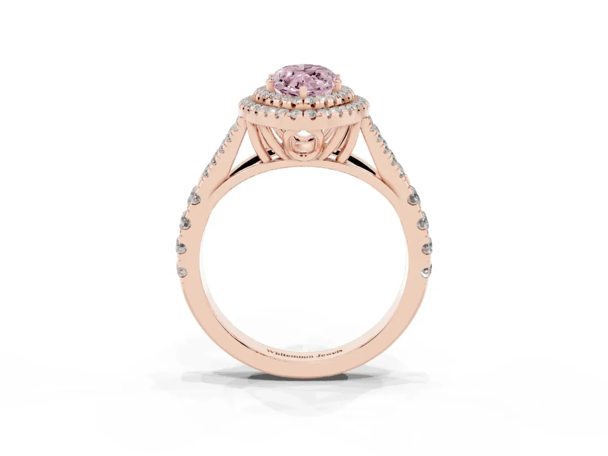 Fancy Pink Double Halo Marquise Cut Diamond Split Shank Engagement Ring with Four-Prong Setting Rose gold