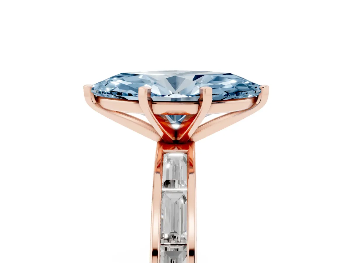 Fancy Blue Marquise Cut Solitaire Diamond Ring with Channel-Set Baguette Band and Four-Prong Setting Rose gold