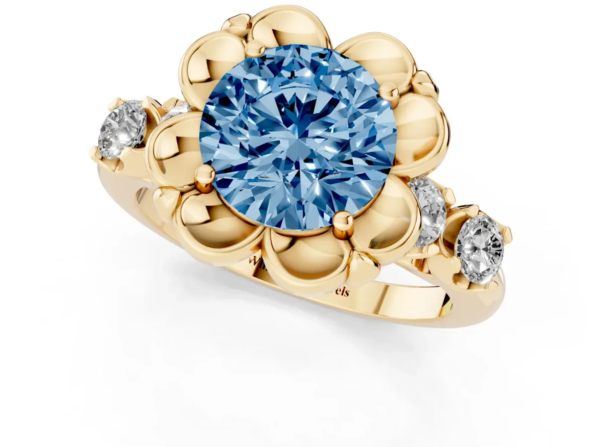 Fancy Blue Round Cut Cut Diamond Floral Halo Engagement Ring with Shared Prong Setting Yellow gold