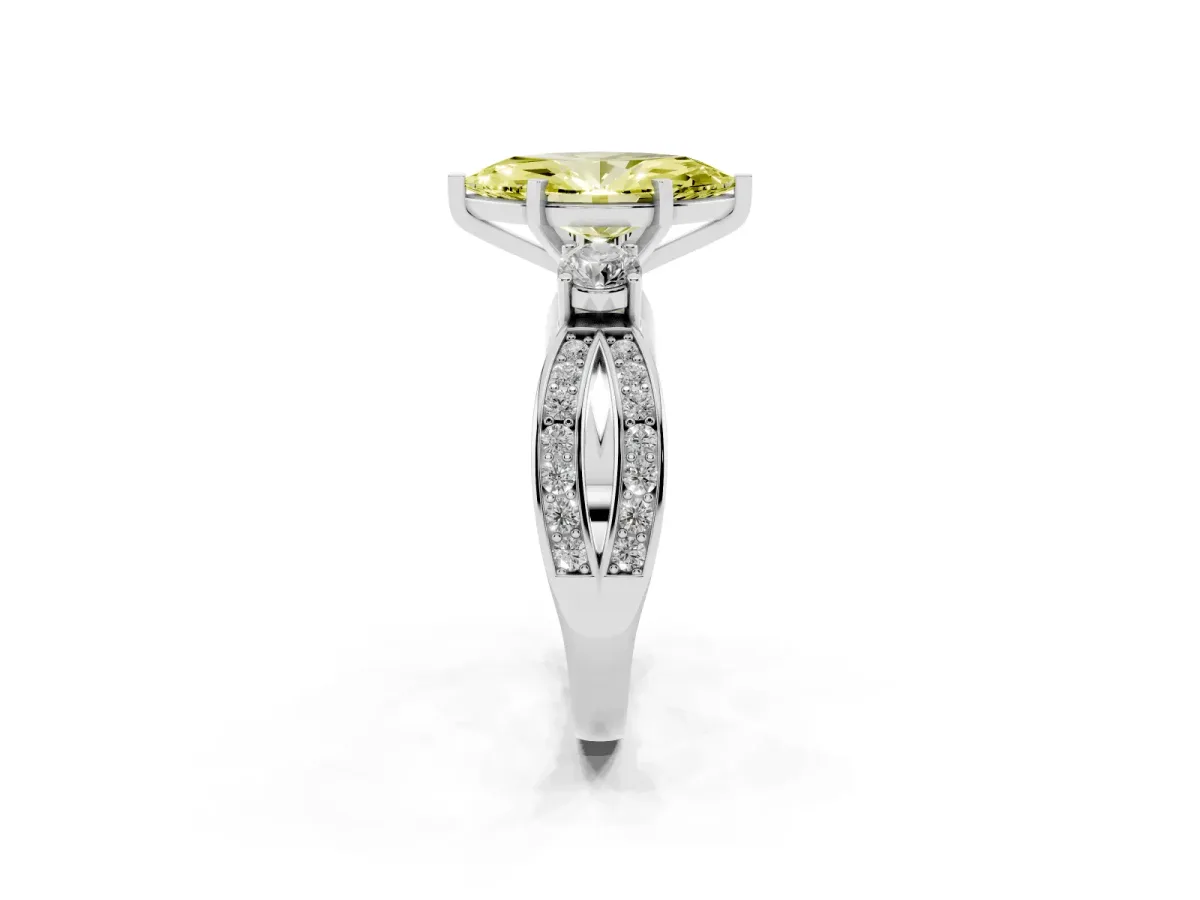Fancy Yellow Three-Stone Marquise Cut Cut Diamond Twist Band with Prong Setting Platinum