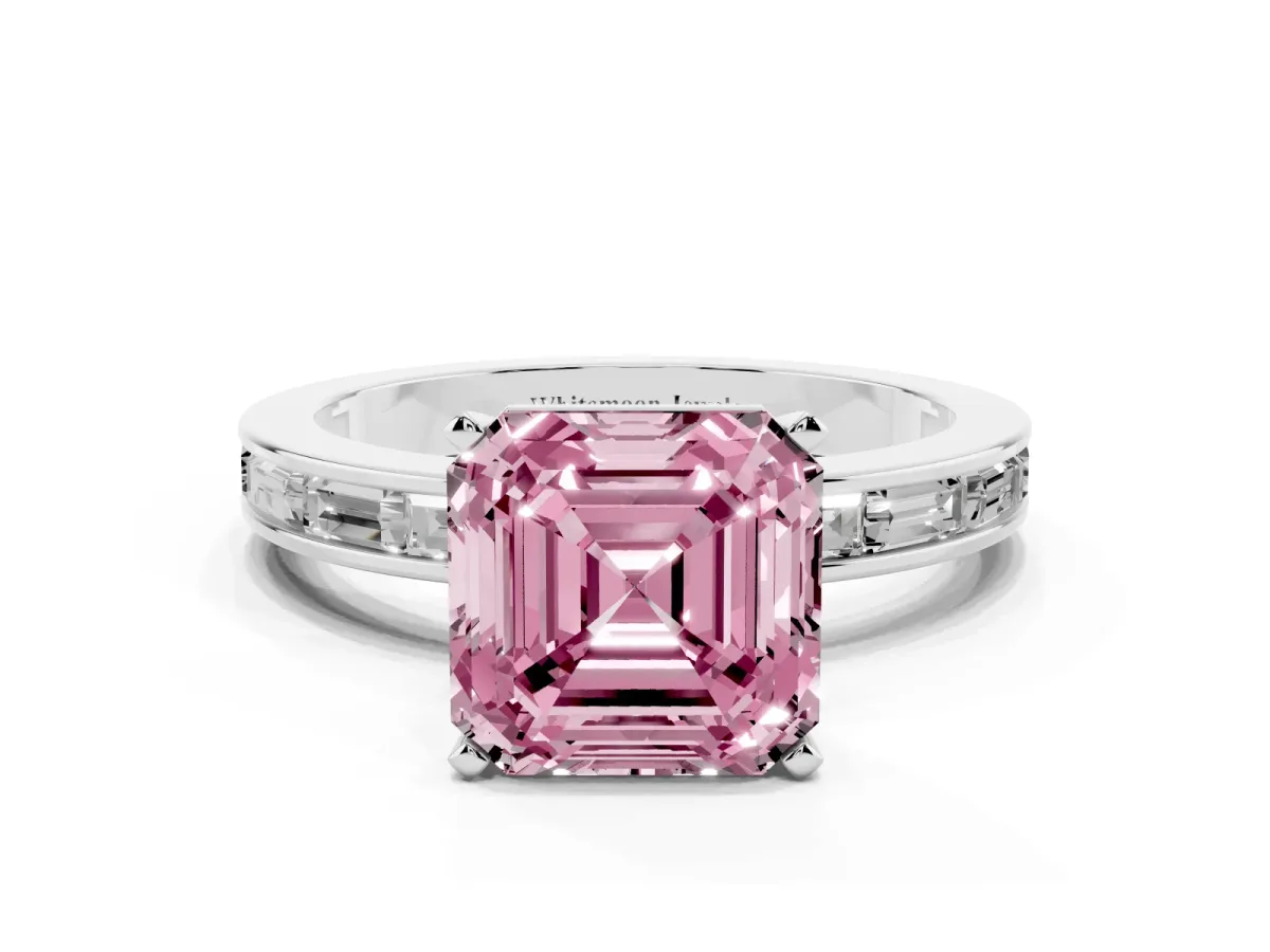 Fancy Pink Asscher Cut Solitaire Diamond Ring with Channel-Set Baguette Band and Four-Prong Setting White gold