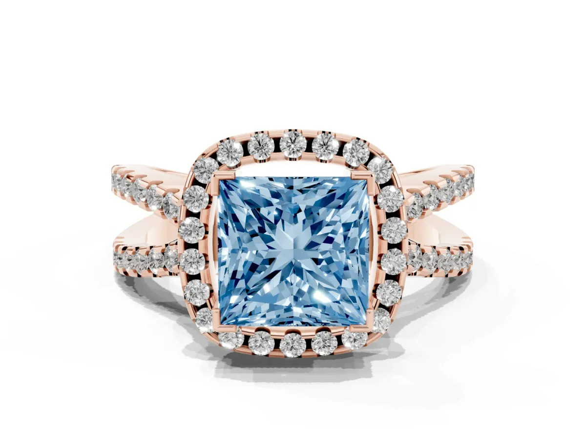 Fancy Blue Princess Cut Diamond Halo Ring with Split Shank Pavé Band and Prong Setting Rose gold