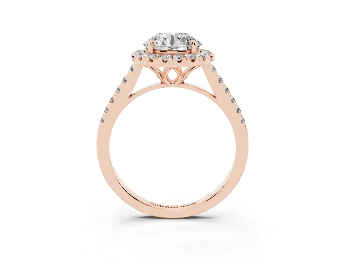Round Cut Halo Pavé Diamond Engagement Ring with Four-Prong Setting Rose gold
