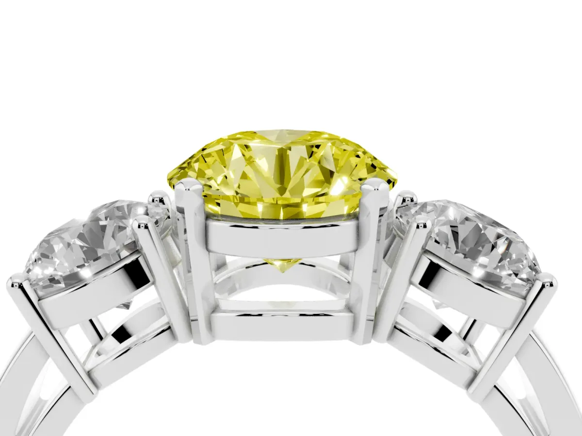 Fancy Yellow Three-Stone Round Cut Diamond Ring with Round Side Stones, Classic Band, and Four-Prong Setting White gold