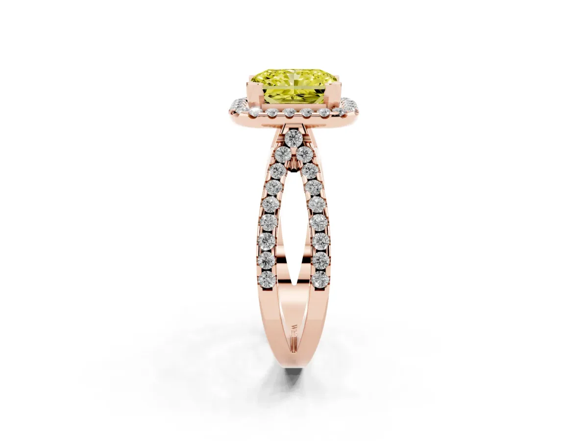 Fancy Yellow Radiant Cut Diamond Halo Ring with Split Shank Pavé Band and Prong Setting Rose gold