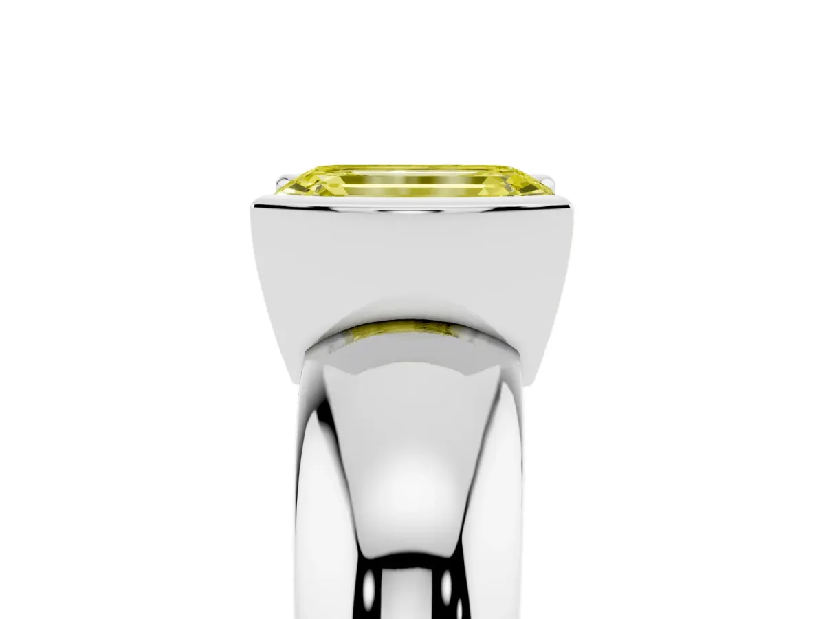 Fancy Yellow Emerald Cut Solitaire Tension Set Diamond Ring with Wide Band Silver